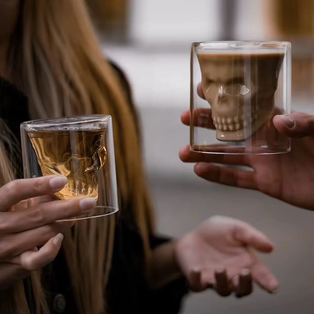 Halloween Skull Glass Cup 230ml – Double Wall Cocktail Whiskey Coffee Mug